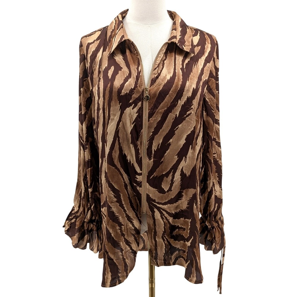 By Design Animal Print Satin Blouse‎ Brown Zebra Zip Front Y2K Top L